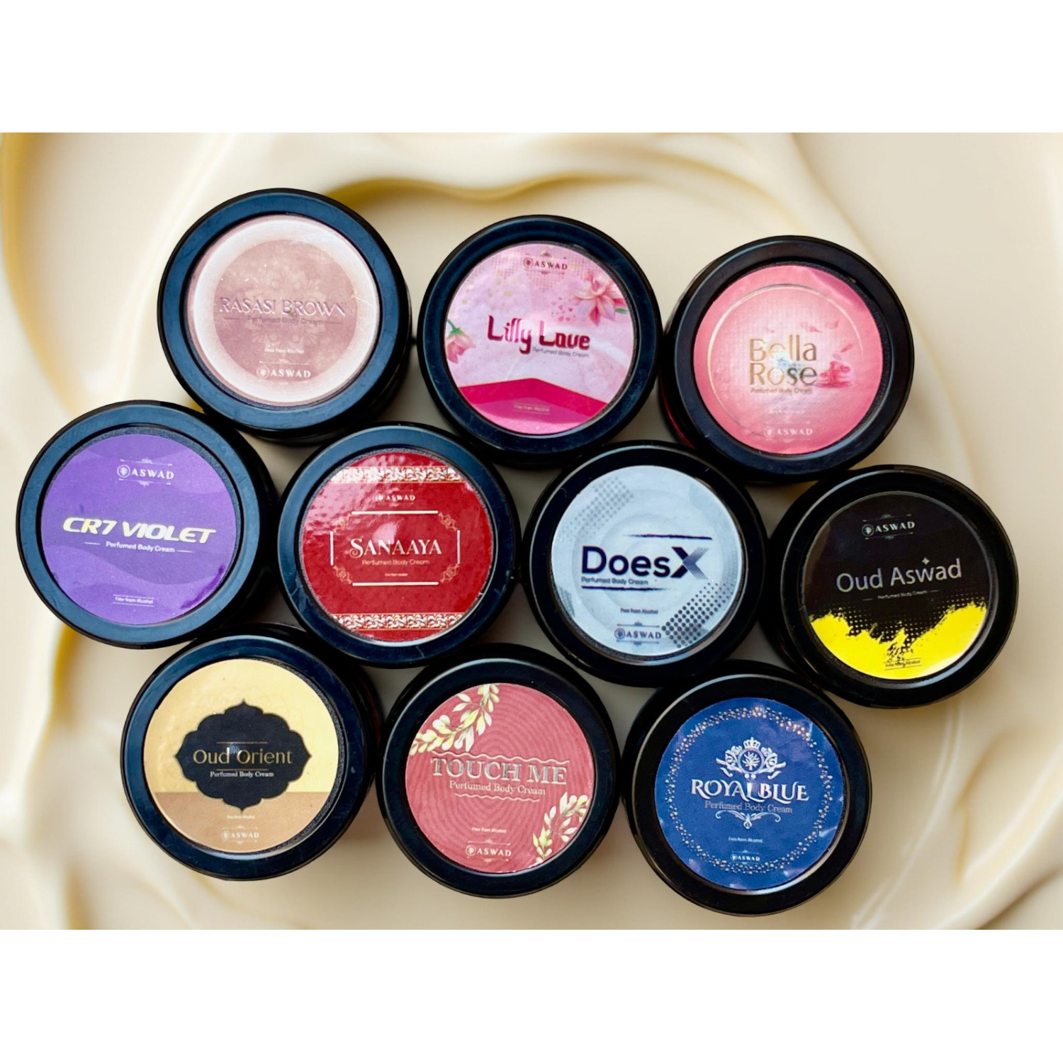 Aswad Perfumed Body Cream Collection, 10 Fragrances Mix Pack, 8g